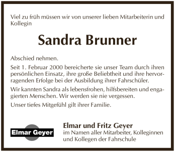 Traueranzeige von Sandra Brunner von Pegnitz-Zeitung